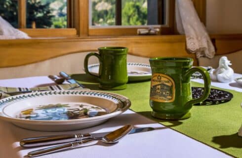 Breakfast table with white and green linens, decorative floral plates, green ceramic mugs with logo. in front of large window