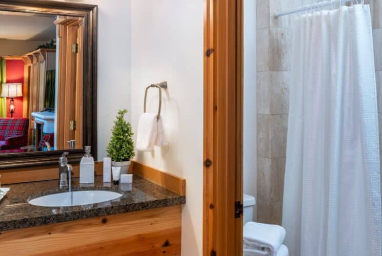 Bathroom with tiled stand up shower, vanity with granite countertops, framed mirror