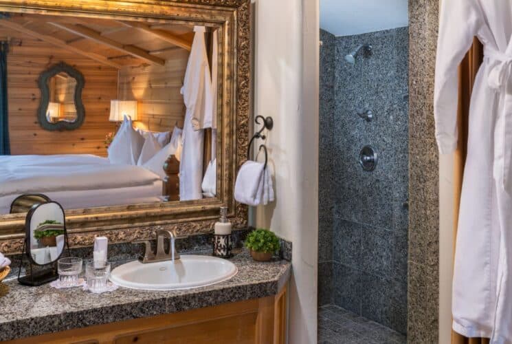 Bathroom with spacious tiled stand up shower, vanity with gold framed mirror reflecting a bed in white linens